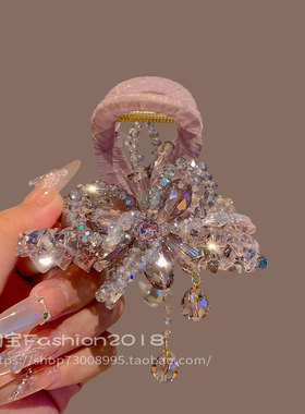 优雅法式轻奢水晶花朵抓夹女超仙流苏精致鲨鱼夹高级盘发发夹发卡