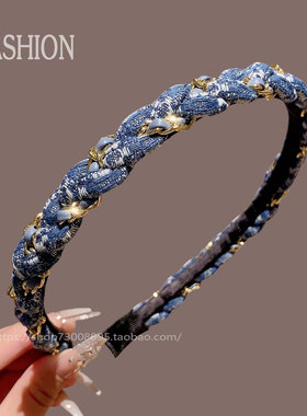 高颅顶牛仔链条发箍女2025新款洗脸防滑头箍细款压发发卡头饰简约