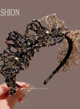 韩国东大门奢华水晶发箍发卡防滑百搭高颅顶拼色轻奢复古头箍发饰