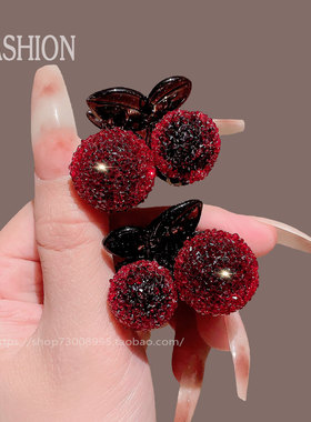 新年红色樱桃满钻小号发夹边夹侧边夹子头饰独特漂亮刘海夹女前额