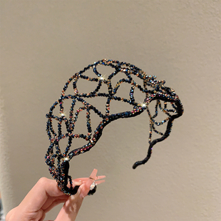 法式复古手工水晶串珠网状发箍压发轻奢高级感细款波浪形头箍发饰