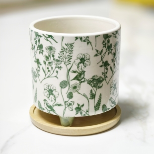 中式简约陶瓷花盆带竹托蝴蝶兰多肉发财树植物盆桌面绿植透气盆栽