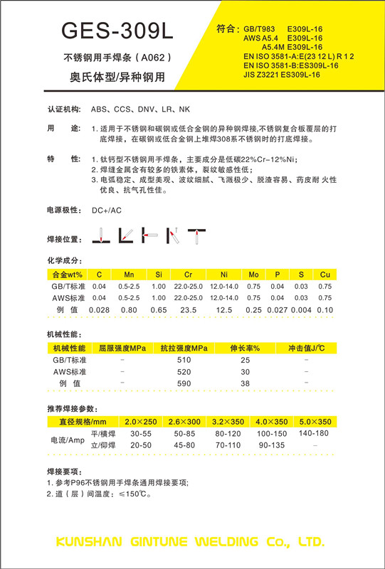 正品昆山京雷焊材GES-309L A062不锈钢电焊条2.6/3.2/4.0