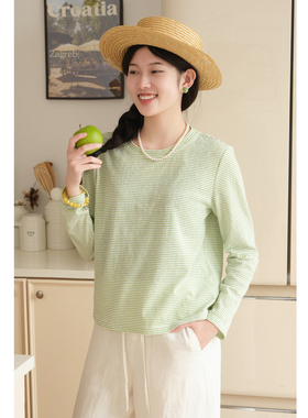 忘城A1220座/上春山/26春新款棉混纺宽松休闲条纹长袖T恤百搭上衣