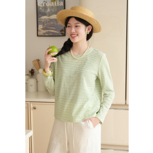 棉混纺宽松休闲条纹长袖 26春新款 T恤百搭上衣 上春山 忘城A1220座