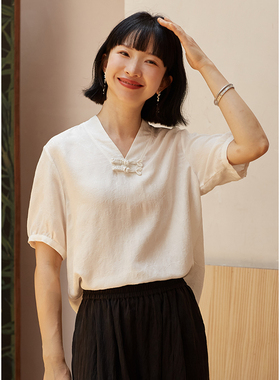 忘城H821座/山间明月/夏国风天人丝混纺白色暗提花v领盘扣短袖T恤