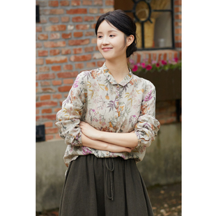 忘城A1038座/如花在野/秋冬新款21支雨露麻复古印花衬衫长袖上衣