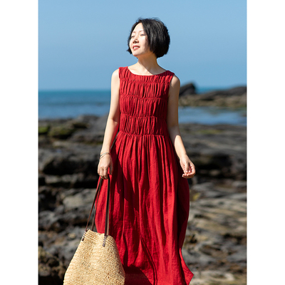 文艺A字亚麻纯色口袋显瘦