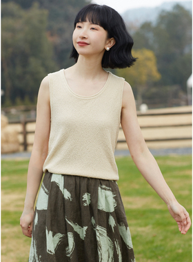 忘城A421座/拨雪寻春/2024早春新品棉麻混纺桂花针圆领H型背心女