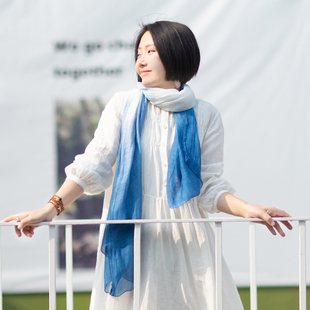 忘城W-142座/春秋款真丝棉蓝白渐变文艺百搭清新围巾女