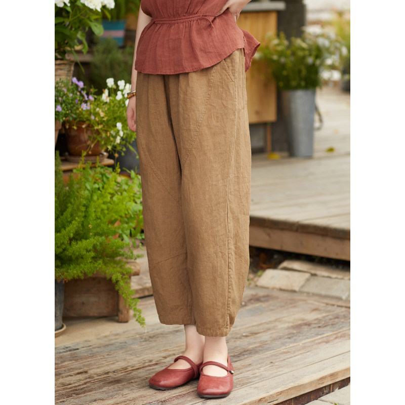 忘城N781座/夏日喜悦/新款14支砂洗亚麻九分哈伦裤卡其色百搭裤子