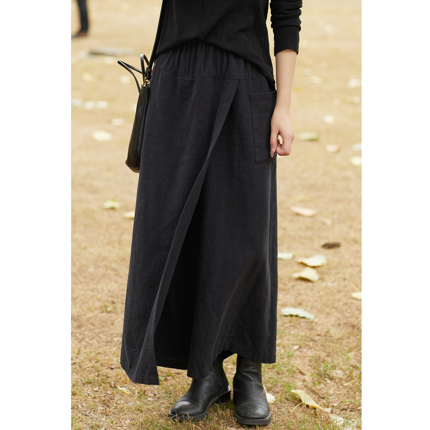 忘城H1350座/做自己的太阳/秋冬新款亚麻棉黑色抓毛加厚叠塔裙裤