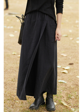 忘城H1350座/做自己的太阳/秋冬新款亚麻棉黑色抓毛加厚叠塔裙裤