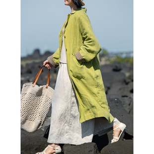 石磨洗亚麻草绿色中长款 2023早春新款 风衣外套 去春游 忘城S779座