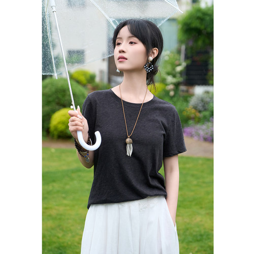 夏季凉感棉天丝圆领短袖T恤女