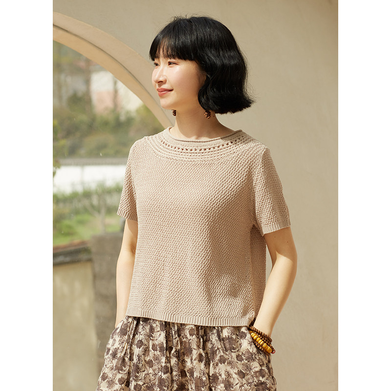 忘城H779座/沙漠尘埃/夏季新款腈纶天丝麻混纺卡其杏针织短袖T恤