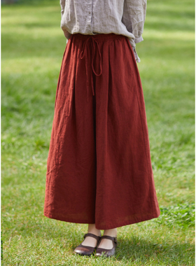 忘城A904座/馥郁之地/春季14支色织亚麻九分系带阔腿裤文艺裤子女