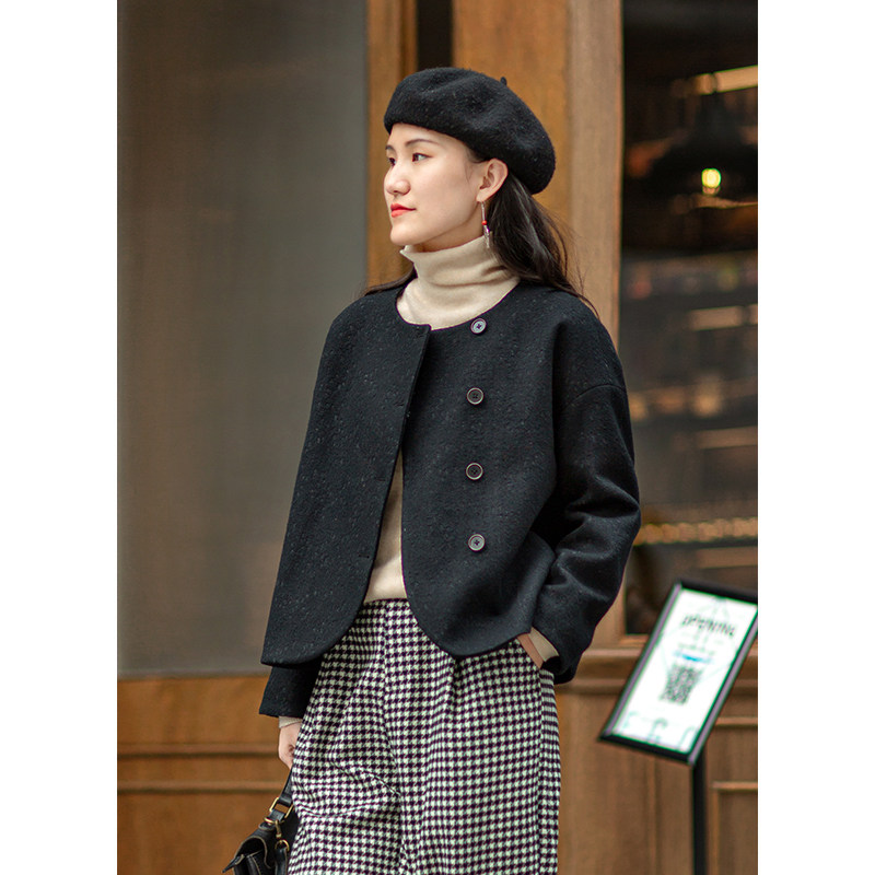 忘城N067座/与温柔赴约/2022冬新品羊毛棉提花毛呢圆领黑色短外套,女装/女士精品,短外套,淘宝优惠券,粉丝福利购,淘宝优惠卷