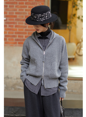 忘城C2016座/怦然心动/秋冬新款26支高密全羊毛连帽毛衣针织外套