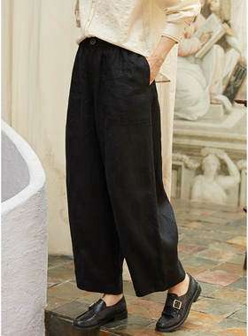 忘城A635座/颤抖的灵魂/早秋法国进口9支亚麻黑色宽松百搭南瓜裤