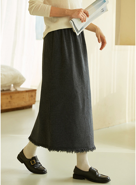 忘城T412座/智性灰调/秋冬知性文艺羊毛混纺灰色流苏直筒半身裙女