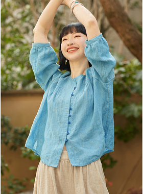 忘城A472座/四月天/春夏新款色织汉麻文艺显瘦七分袖衬衫上衣衬衣