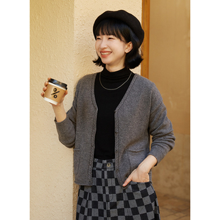 外套 秋26支全羊毛自然花纱灰色v领绞花针织开衫 忘城N541座 远杨