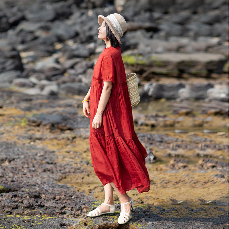 忘城苎麻定染红色飘逸连衣裙
