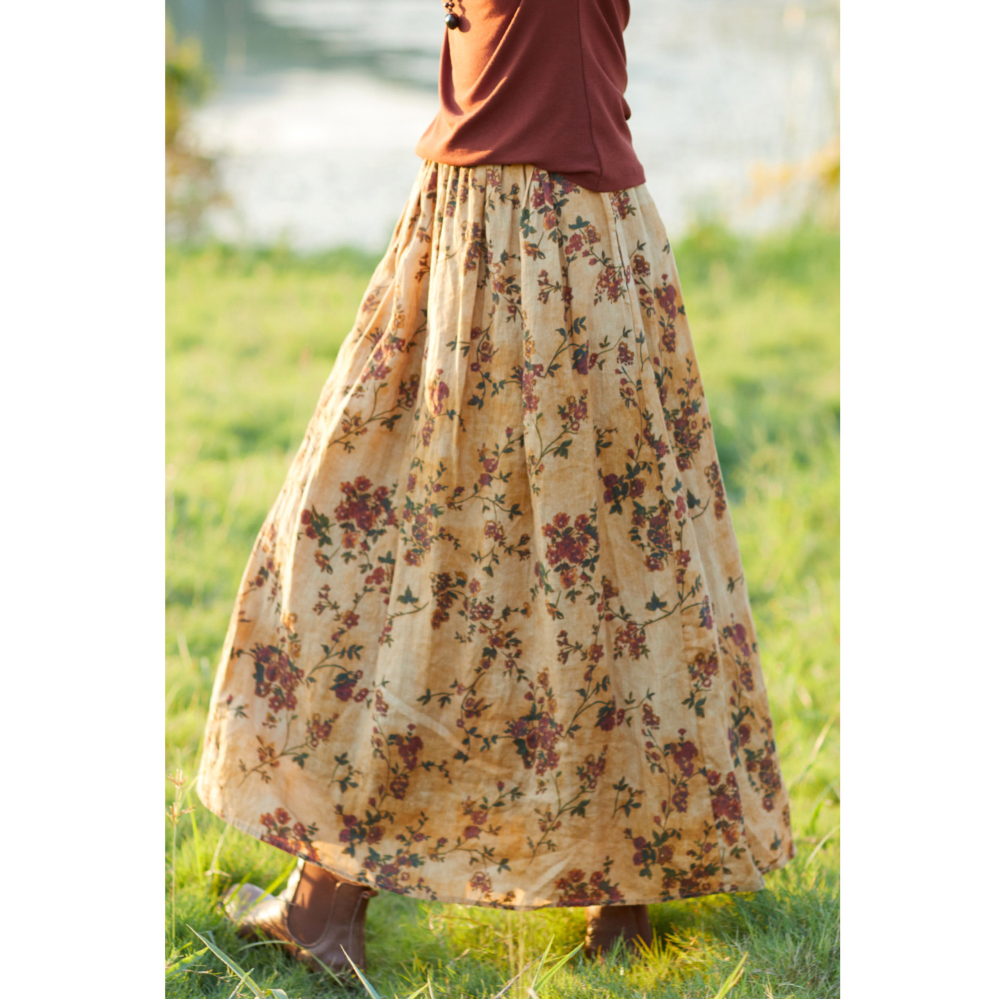 忘城T610座/落日玫瑰/秋款14支亚麻黄色印花双层a字半身裙半裙女