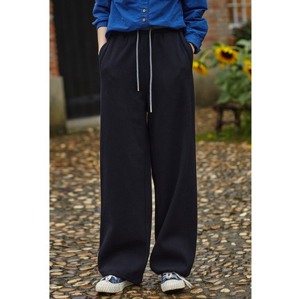 忘城H1304座/夜之华章/秋冬新款绵羊毛斜纹毛呢卫裤裤脚抽绳裤子