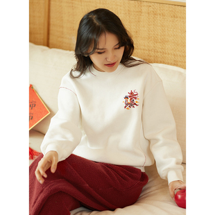 忘城Y325座 龙新年系列剪纸龙印花棉混纺加绒保暖卫衣女 有龙则灵