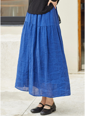 忘城N823座/靛蓝情书/早秋新款21支亚麻A字松紧腰半身裙中长款女