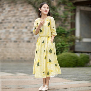 新款 2023夏季 42支苎麻黄色手绘树叶印花连衣裙 四月晴 忘城N226座