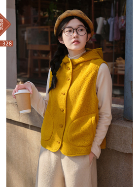 忘城N963座/冬日暖阳/冬季双层摇粒绒马甲小个子无袖连帽外套女