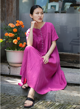 忘城C434座/绯红的微笑/2022夏新款水洗亚麻玫红色宽松A摆连衣裙