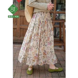 21支雨露麻印花a字半身裙松紧腰半裙 26春款 忘城N989座 如花绽放
