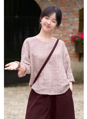 夏17支色织亚麻格子小衫文艺气质