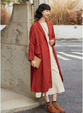忘城A451座/落韵/早春新品天丝亚麻混纺高密慵懒红色风衣外套女