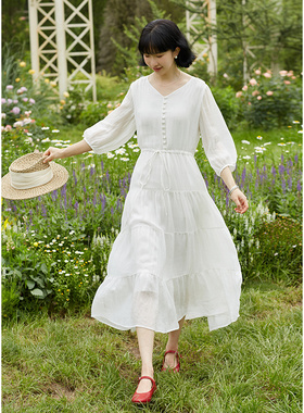 忘城T315座/邂逅/夏新款100支苎麻法式文艺白色收腰V领a字连衣裙