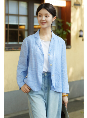 忘城H1298座/逆流的落叶/秋季新款17支色织亚麻蓝色格子外套短款