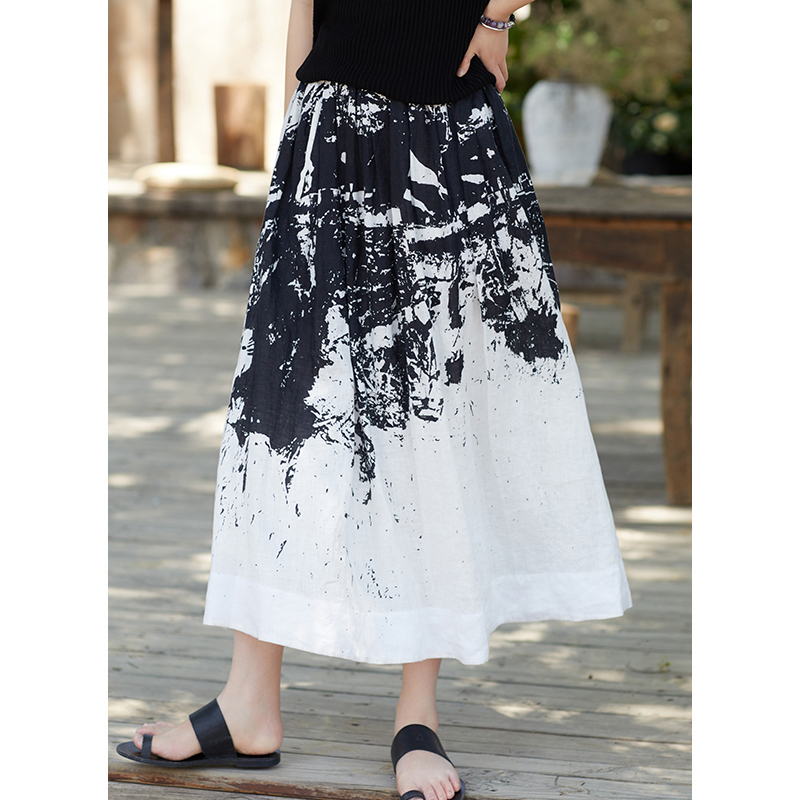 忘城Y724座/光的抵达/夏季新款原创21支亚麻黑白印花a字半身裙女