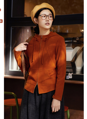 忘城N926座/云舒事甜/冬季新款加厚暖姜绒橘色连帽拉链卫衣外套女