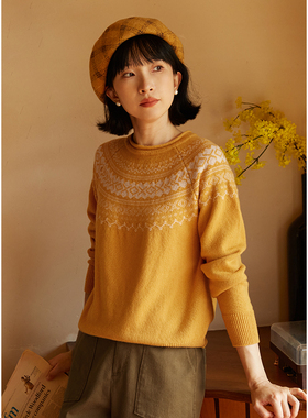 忘城A663座/点着灯的家/秋26支100%全羊毛卷边圆领费尔岛提花毛衣