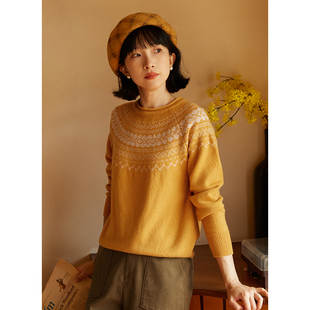 秋26支100%全羊毛卷边圆领费尔岛提花毛衣 家 忘城A663座 点着灯