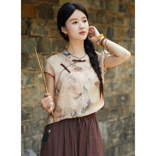 复古印花斜襟小衫 忘城N758座 42支苎麻中式 夏新款 上衣 小扇引微凉
