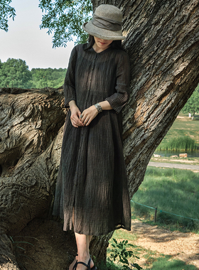 忘城N342座/绿芜/2023夏季新款25支亚麻深绿色褶皱立领文艺连衣裙