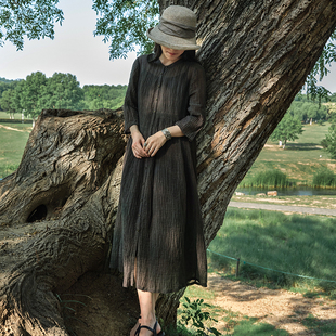 新款 2023夏季 25支亚麻深绿色褶皱立领文艺连衣裙 绿芜 忘城N342座