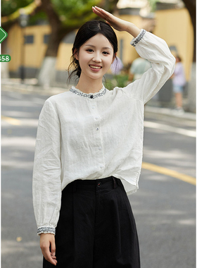 忘城H1287座/生命的歌/春夏进口17*21支亚麻白色正肩绣花衬衫百搭