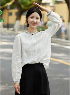 忘城H1287座/生命的歌/春夏进口17*21支亚麻白色正肩绣花衬衫百搭