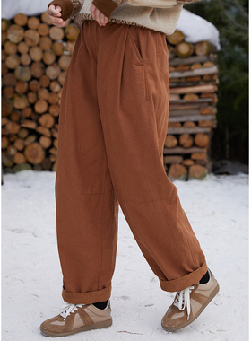 忘城H1049座/红色暖炉/冬季汉麻棉混纺双层保暖砖红色文艺哈伦裤